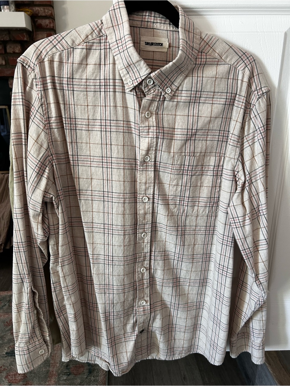 Taylor Stitch Beige Plaid Button-Down Shirt with Red & Navy Windowpane